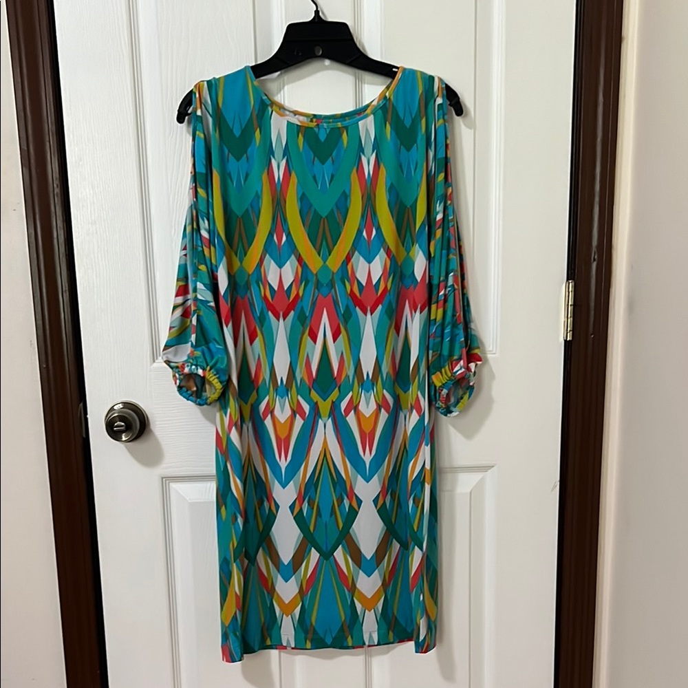 Calvin Klein Blue and Yellow Sheath Dress with Cut Out Dolman Sleeves